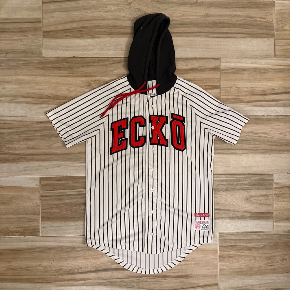 Ecko Unltd Mens Pinstripe Baseball Jersey Hoodie White Black Red Medium